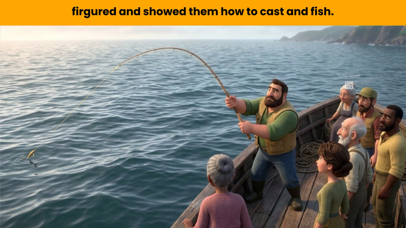 The fisherman casts a long fishing rod out to sea as his crew watches and learns. Caption: "[He] figured [it out] and showed them how to cast and fish."