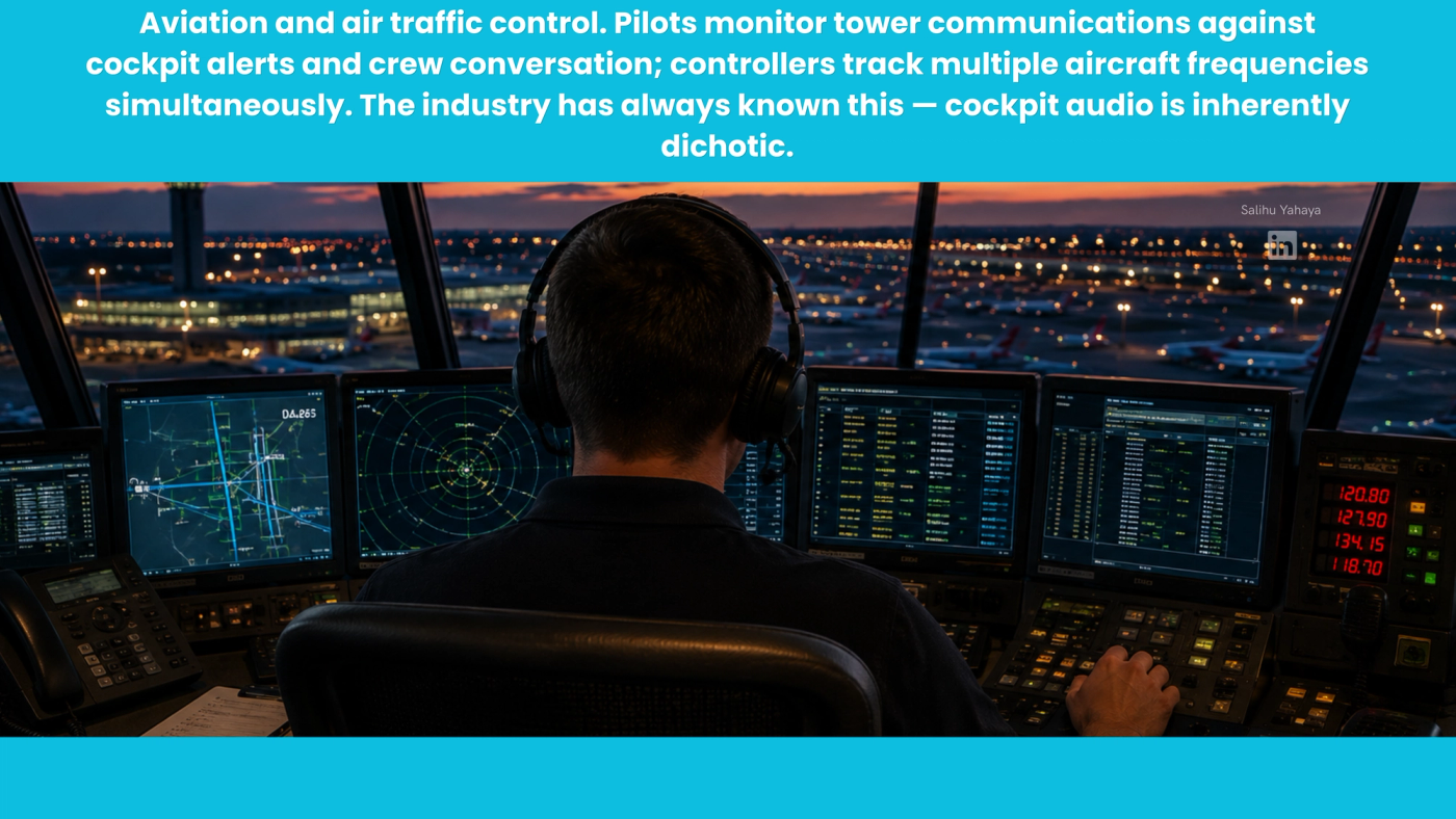 Picture of an "Aviation and air traffic control. Pilots monitor tower communications against cockpit alerts and crew conversation; controllers track multiple aircraft frequencies simultaneously. The industry has always known this — cockpit audio is inherently dichotic."
