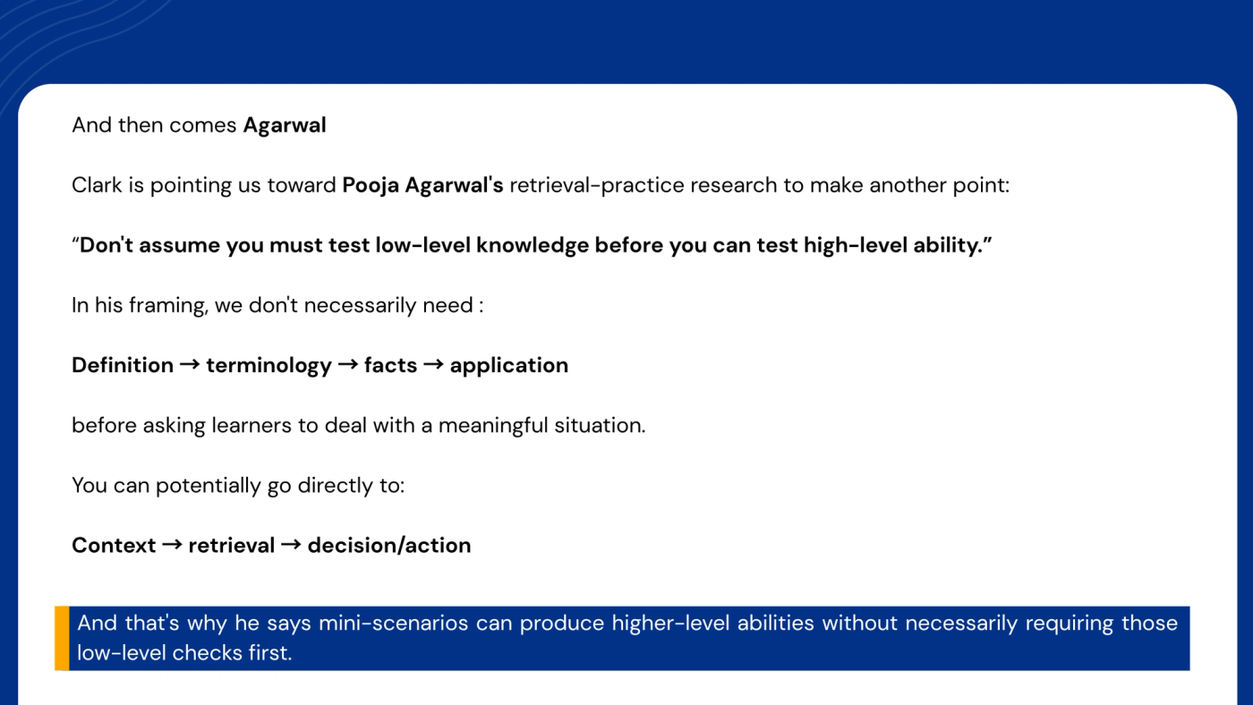 Slide: "And then comes Agarwal. Clark is pointing us toward Pooja Agarwal's retrieval-practice research to make another point: 'Don't assume you must test low-level knowledge before you can test high-level ability.' In his framing, we don't necessarily need definition, then terminology, then facts, then application before asking learners to deal with a meaningful situation. You can potentially go directly to context, then retrieval, then decision or action." Highlighted: "And that's why he says mini-scenarios can produce higher-level abilities without necessarily requiring those low-level checks first."