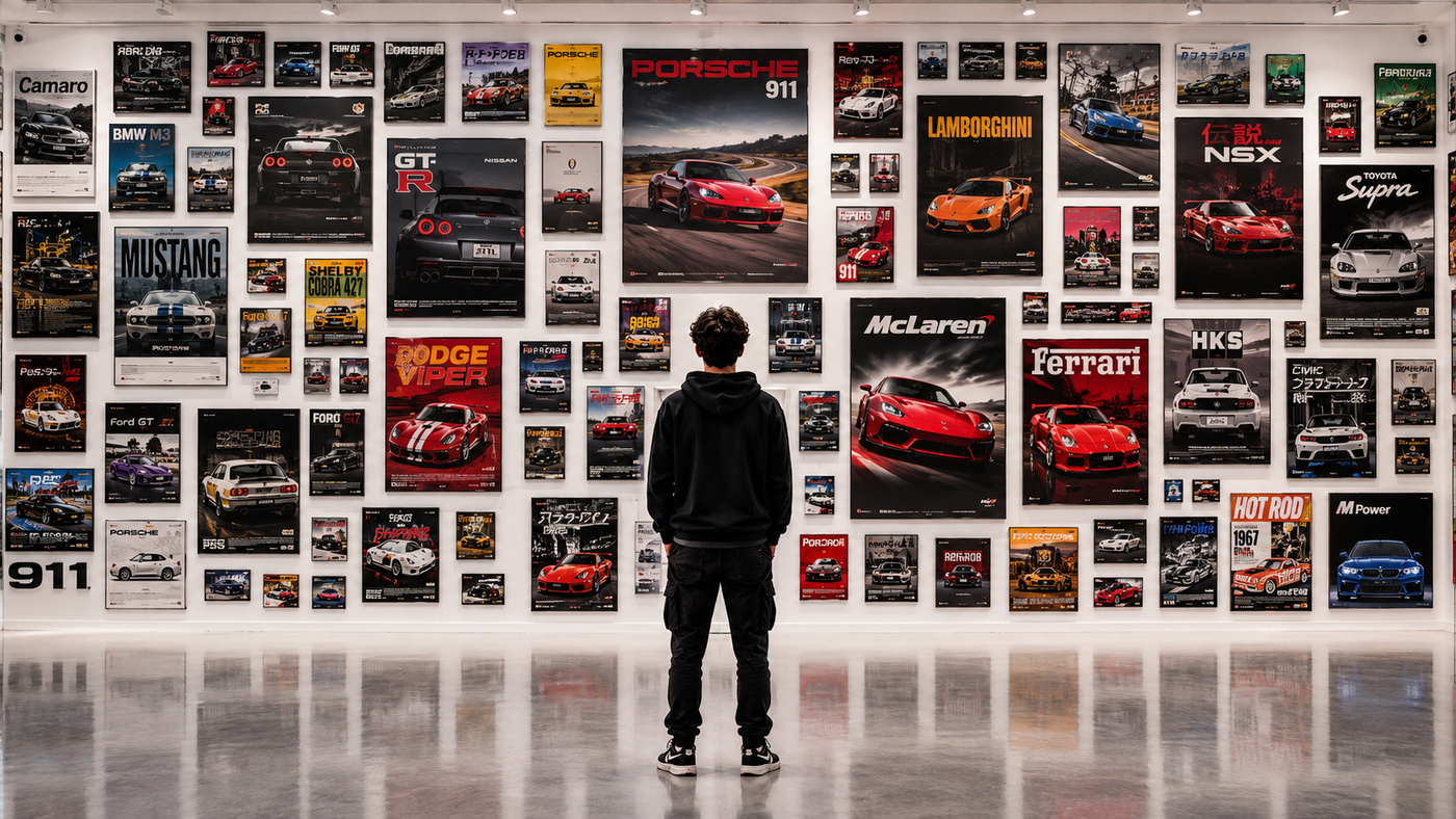 A picture of a boy looking at a wall full of many car pictures 