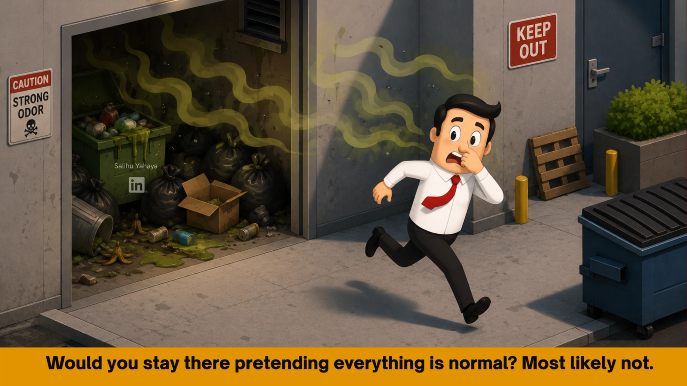 Graphic illustrating a man running away from a pungent smell