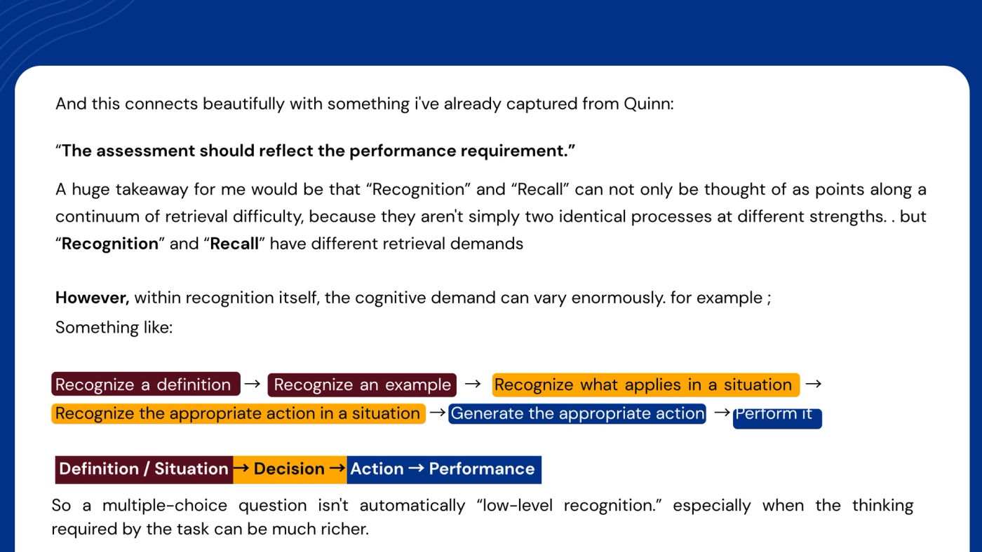 Slide: "And this connects beautifully with something I've already captured from Quinn: 'The assessment should reflect the performance requirement.'" Text: "Recognition and recall aren't simply two identical processes at different strengths; they have different retrieval demands. However, within recognition itself, the cognitive demand can vary enormously." A sequence of steps: recognize a definition, recognize an example, recognize what applies in a situation, recognize the appropriate action in a situation, generate the appropriate action, perform it. Summarised as: definition or situation, then decision, then action, then performance. Text below: "So a multiple-choice question isn't automatically low-level recognition, especially when the thinking required by the task can be much richer."