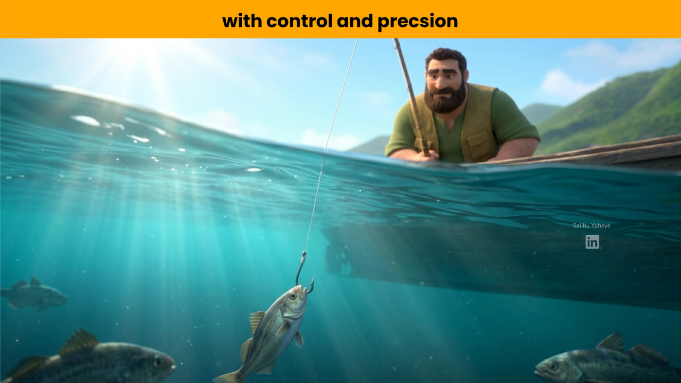 Split view above and below the water: the fisherman holds his rod steady while his hook sits right in front of a fish. Caption: "With control and precision."