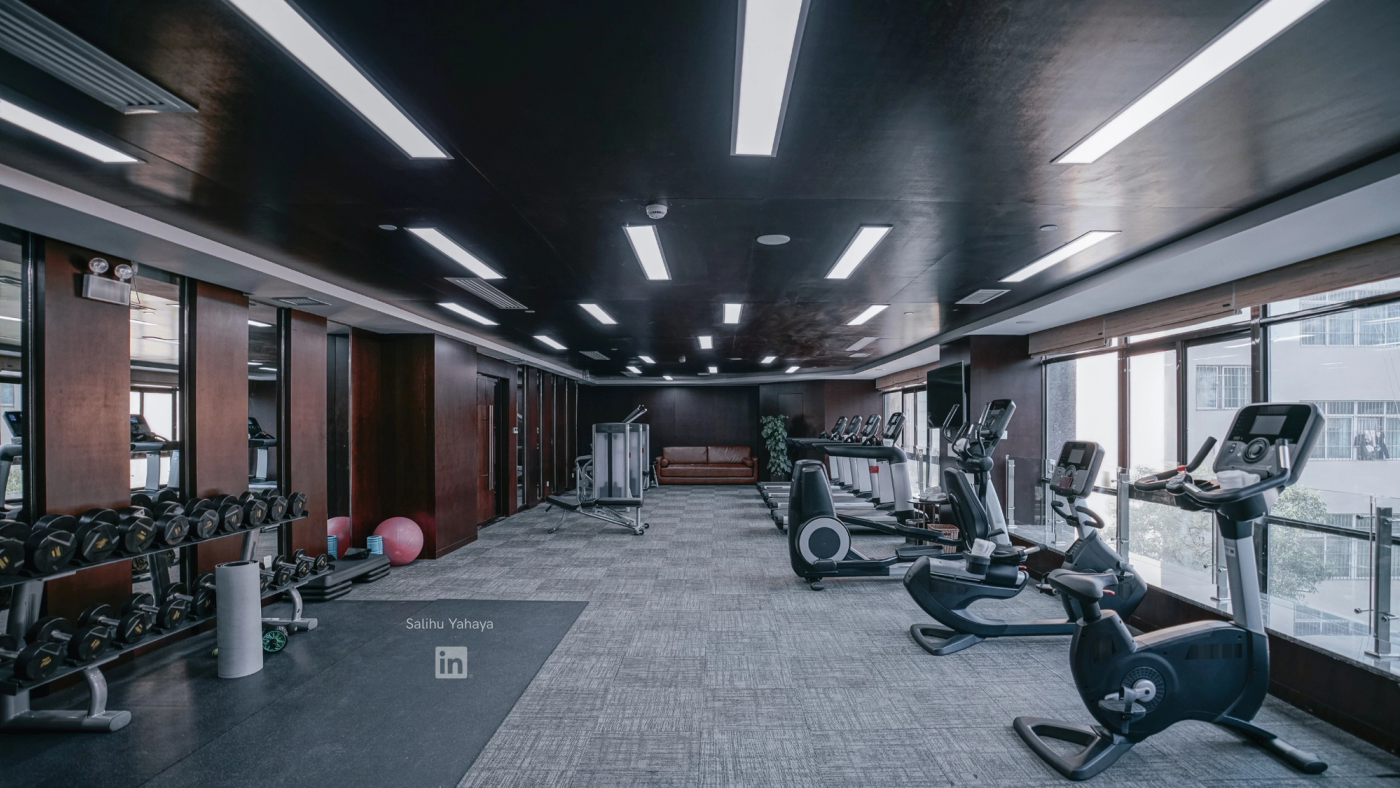 An empty, well-lit indoor gym: racks of dumbbells, exercise balls and a weight bench on the left, and a row of treadmills, exercise bikes and cross-trainers along tall windows on the right.