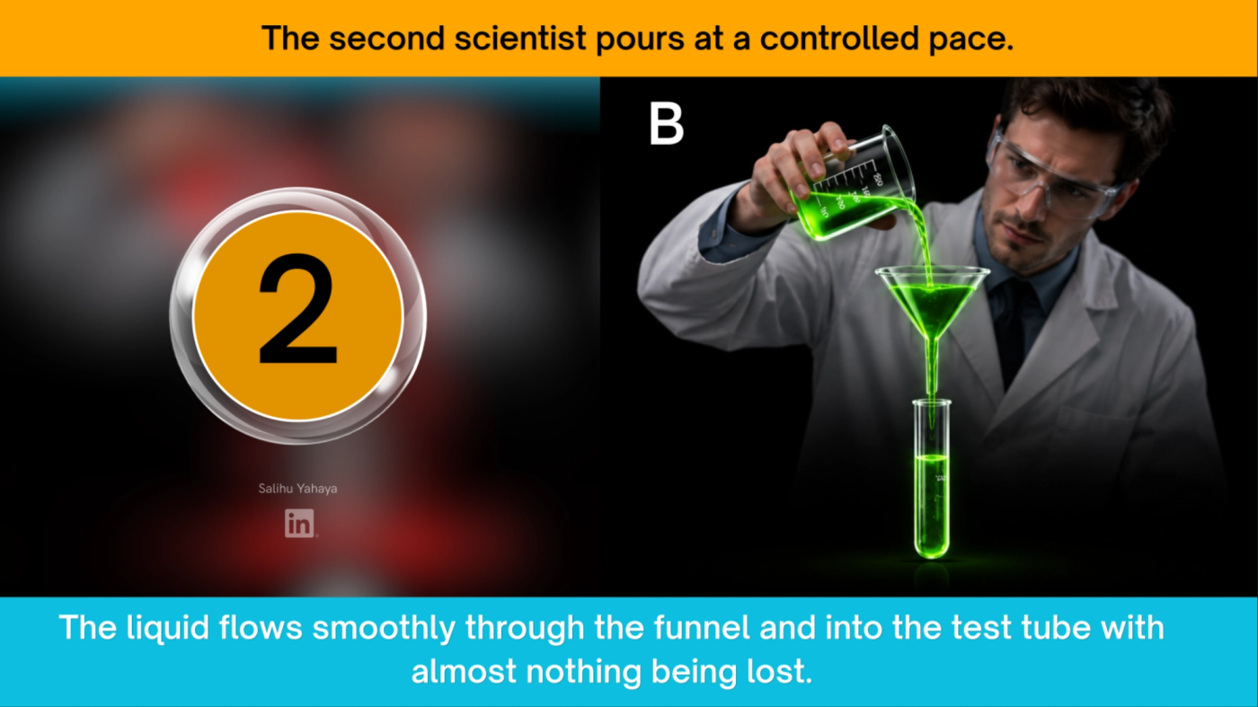 Picture of a scientist pouring the fluid at a contolled pace