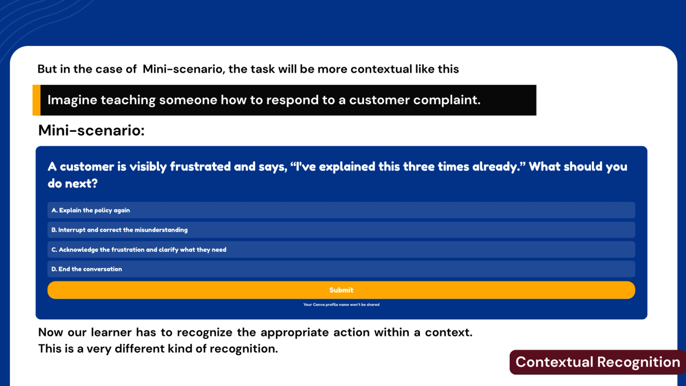 Example slide labelled "Contextual recognition." "But in the case of a mini-scenario, the task will be more contextual, like this." Same setting: teaching someone how to respond to a customer complaint. The mini-scenario question: "A customer is visibly frustrated and says, 'I've explained this three times already.' What should you do next?" Options: A, explain the policy again; B, interrupt and correct the misunderstanding; C, acknowledge the frustration and clarify what they need; D, end the conversation. Text below: "Now our learner has to recognize the appropriate action within a context. This is a very different kind of recognition."