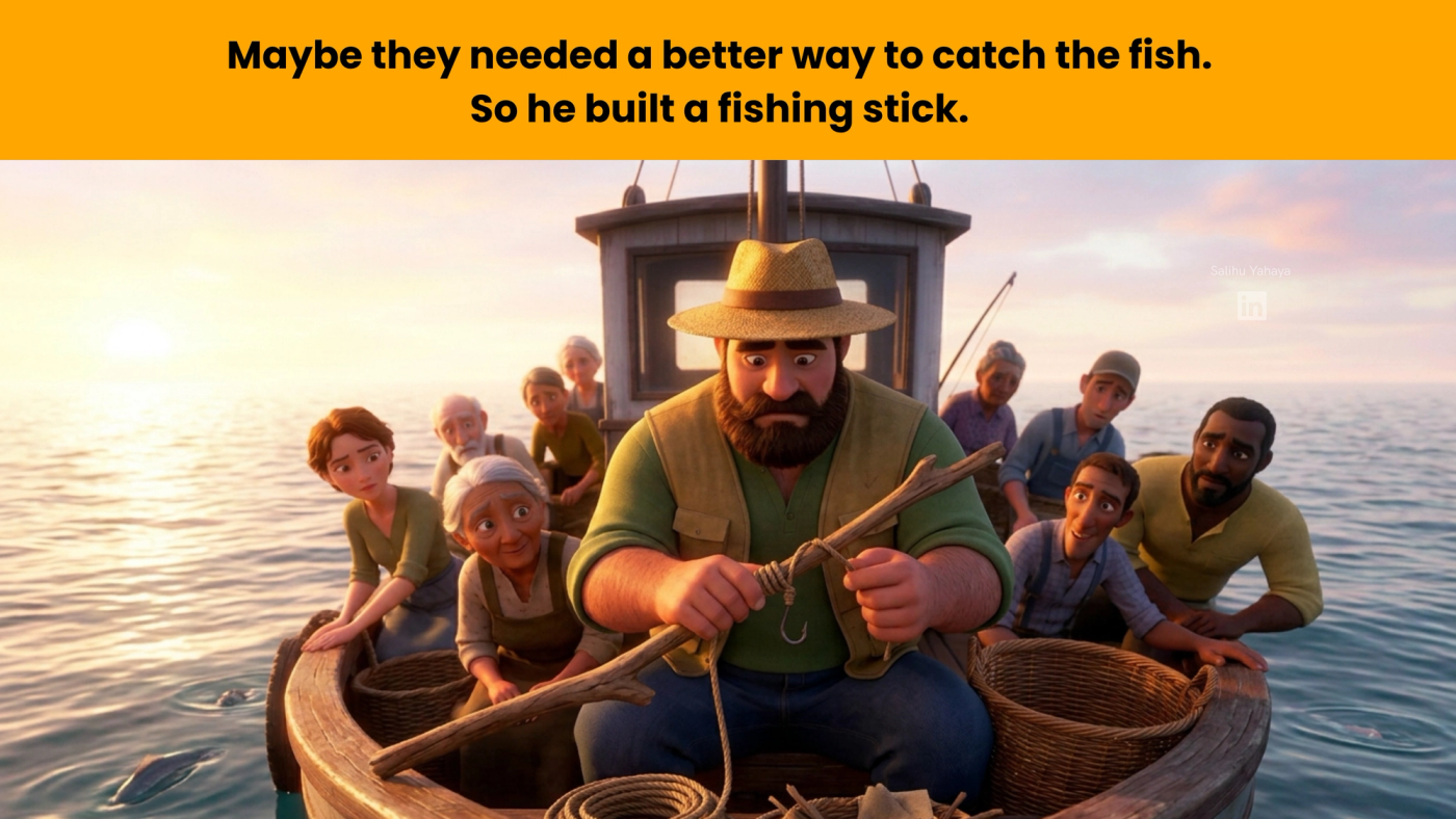 The fisherman ties a line and hook to a wooden stick while his crew watches with interest. Caption: "Maybe they needed a better way to catch the fish. So he built a fishing stick."