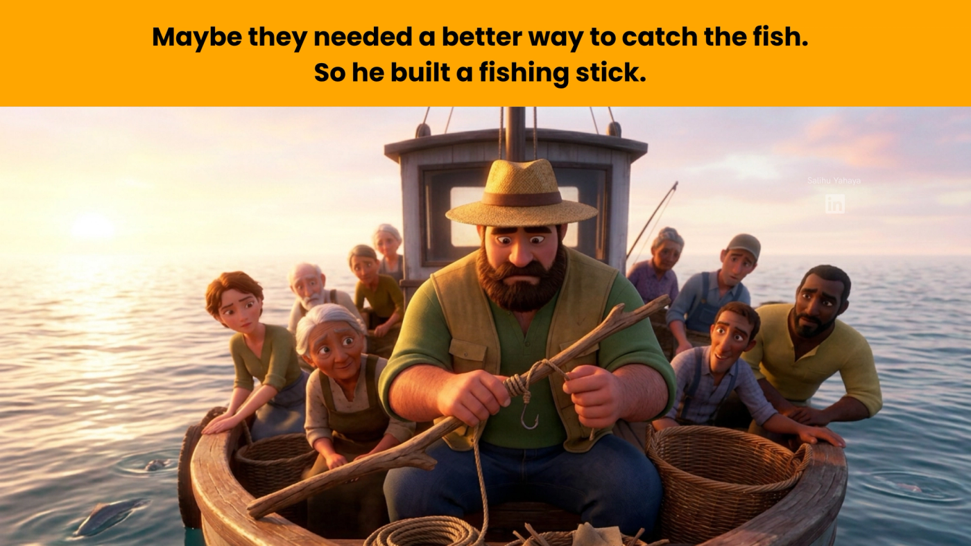 The fisherman ties a line and hook to a wooden stick while his crew watches with interest. Caption: "Maybe they needed a better way to catch the fish. So he built a fishing stick."