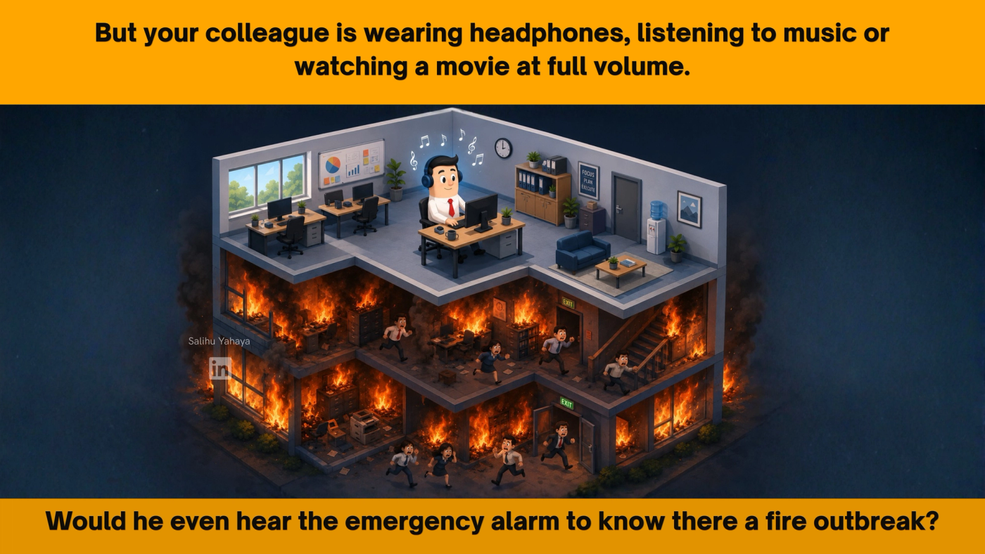 Graphic illustrating a man a headset blasting music at the top floor of a burnng building  