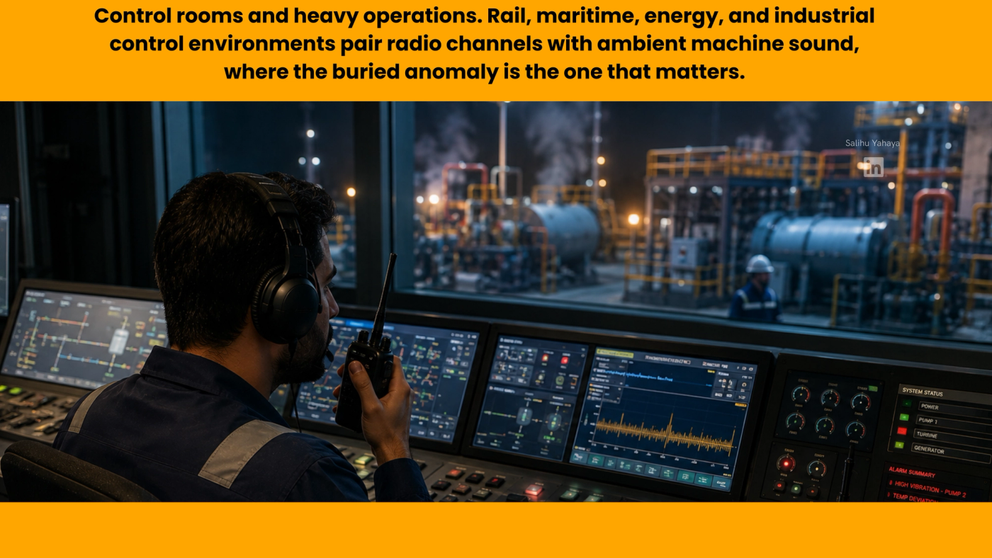 Picture of a "Control rooms and heavy operations. Rail, maritime, energy, and industrial control environments pair radio channels with ambient machine sound, where the buried anomaly is the one that matters."