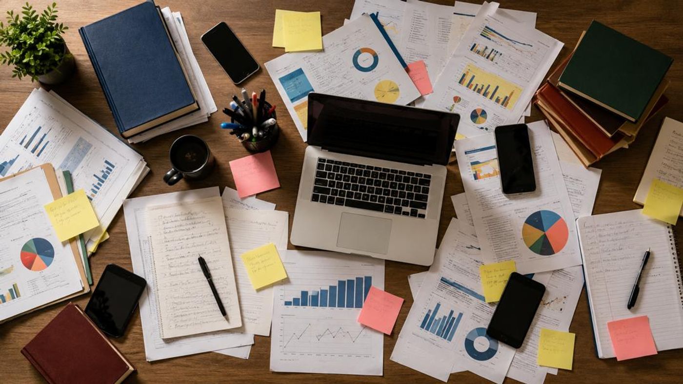 Overhead view of a cluttered wooden desk: a laptop in the centre surrounded by scattered printouts of charts and graphs, handwritten notes, colourful sticky notes, several phones, stacks of books, a pen holder, a coffee mug and a small plant.