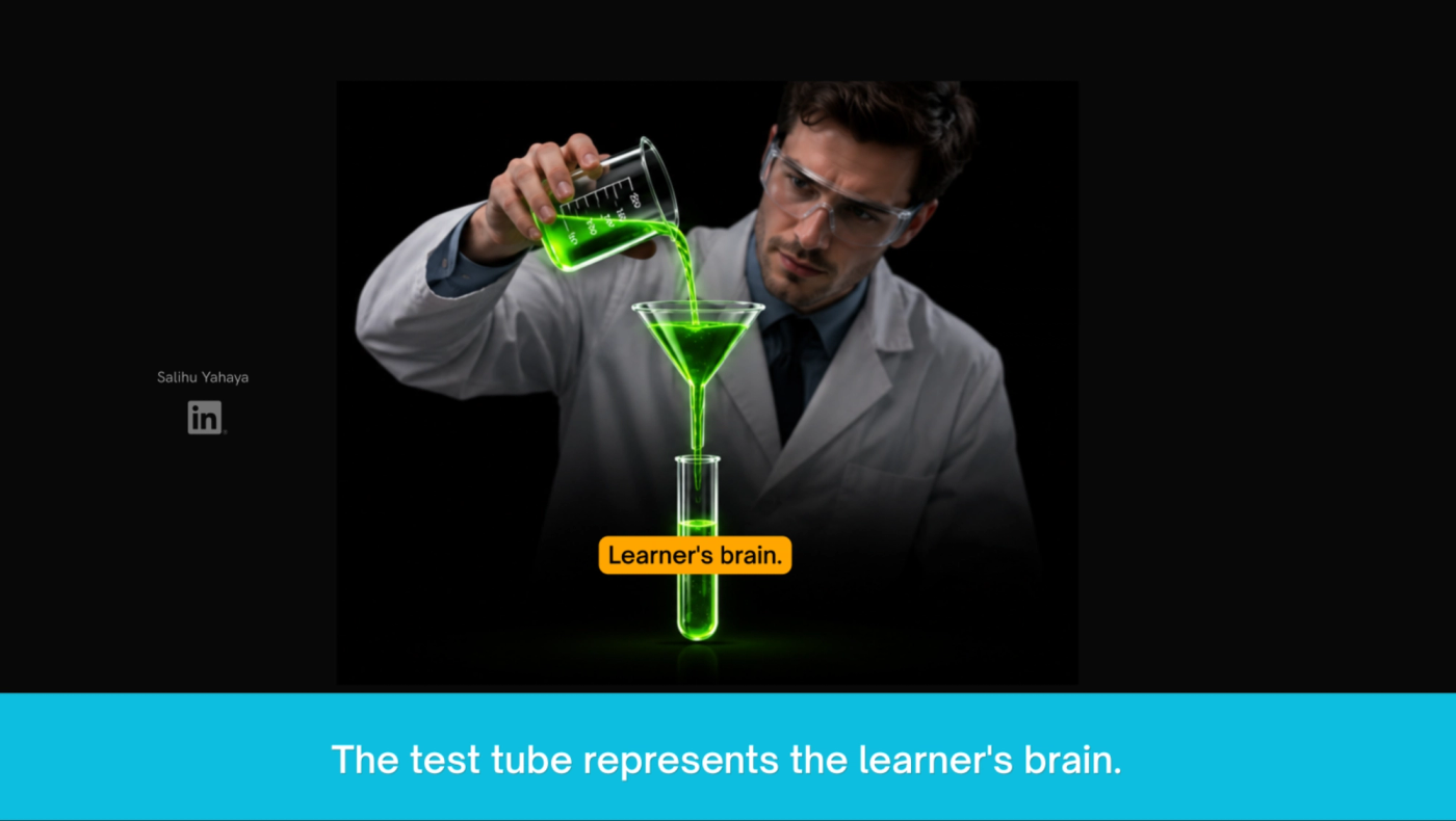 A grahic illustration of scientist with the test tube he's holding labelled "learners brain"