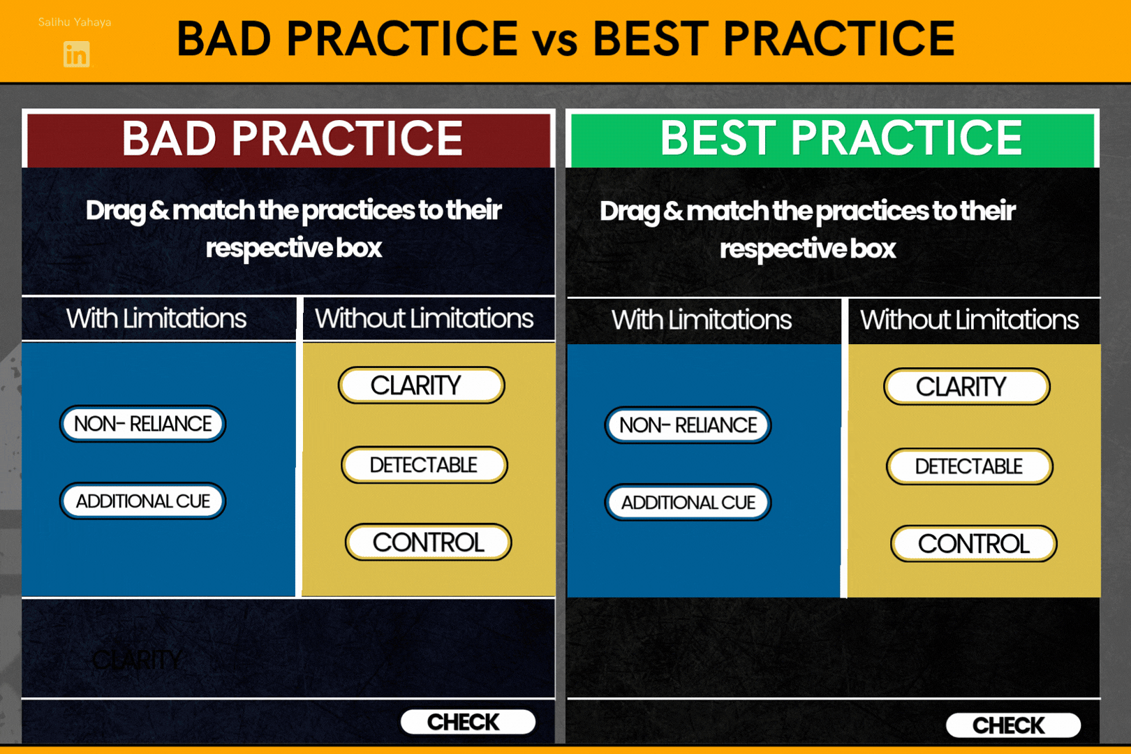 Animated side-by-side comparison titled "Bad Practice vs Best Practice." Two identical drag-and-match quizzes sort the terms Non-reliance and Additional cue into "With Limitations," and Clarity, Detectable and Control into "Without Limitations." When Check is clicked, the bad-practice quiz only turns green, showing the result by colour alone. The best-practice quiz shows a large green tick, the word "Correct" and a Next button, so the result is clear without relying on colour.