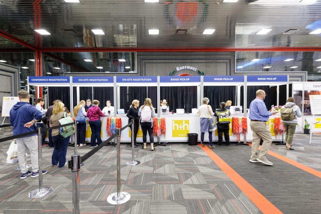Registration booths at the h+h americas trade show