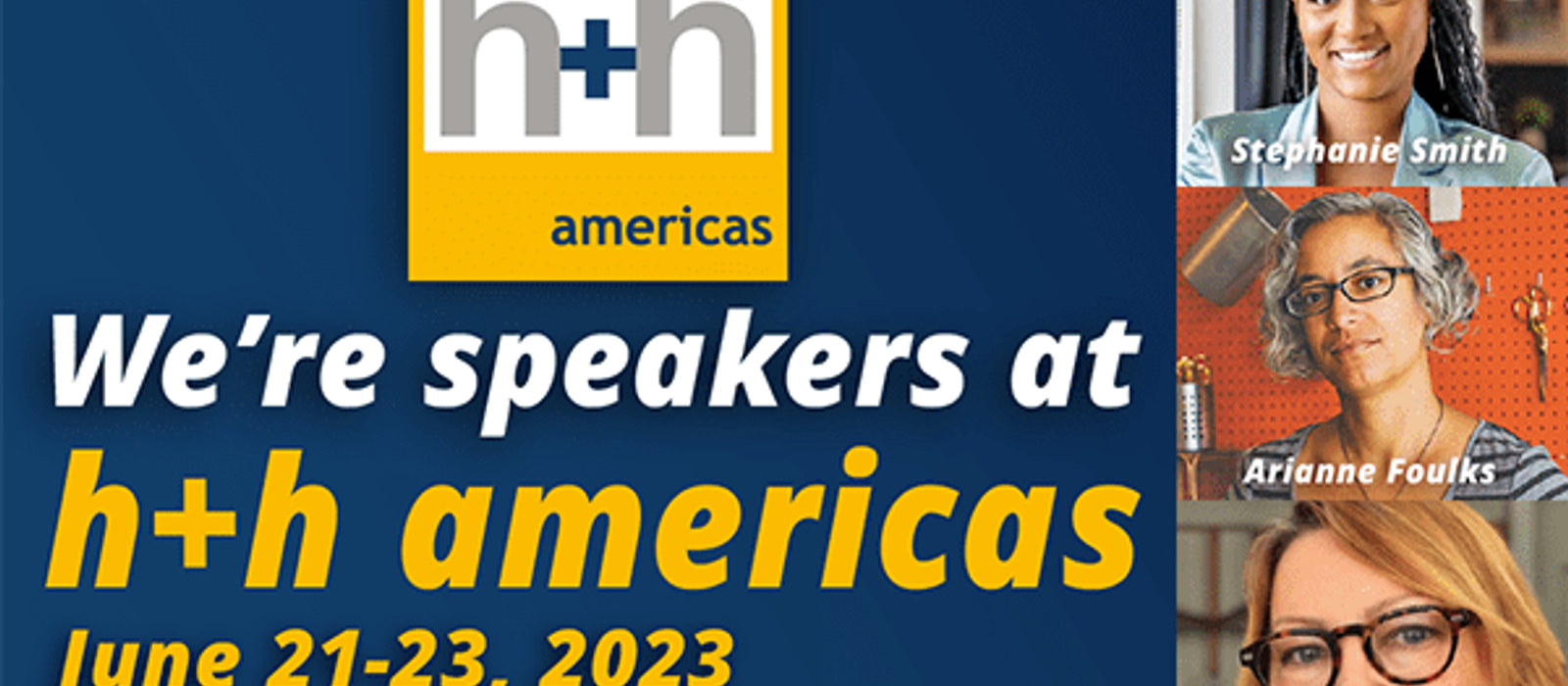 A collage of headshots featuring the slate of teachers and speakers at h+h americas 2023