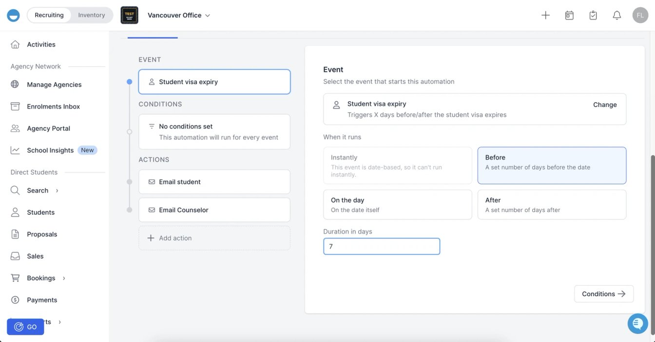 Visa type and expiry date fields on the Edvisor student profile