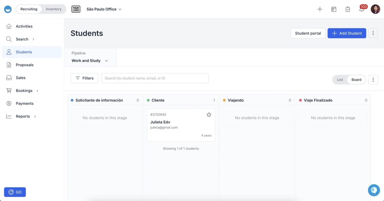 The new Kanban pipeline view in Edvisor: students organised by stage across a drag-and-drop board