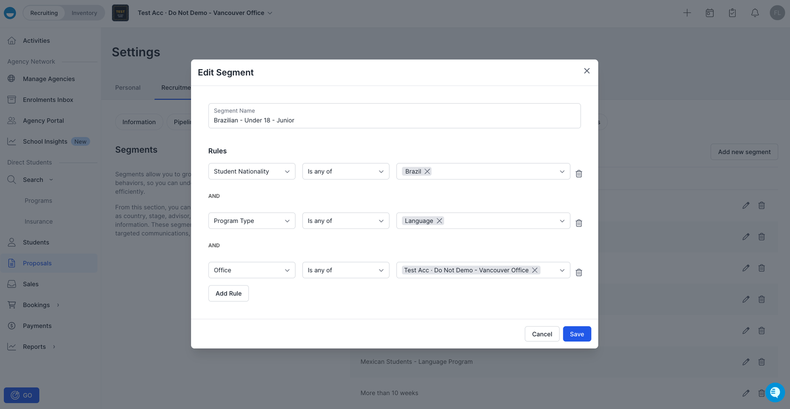 Editing a segment in Edvisor: rules combining student nationality, program type and office