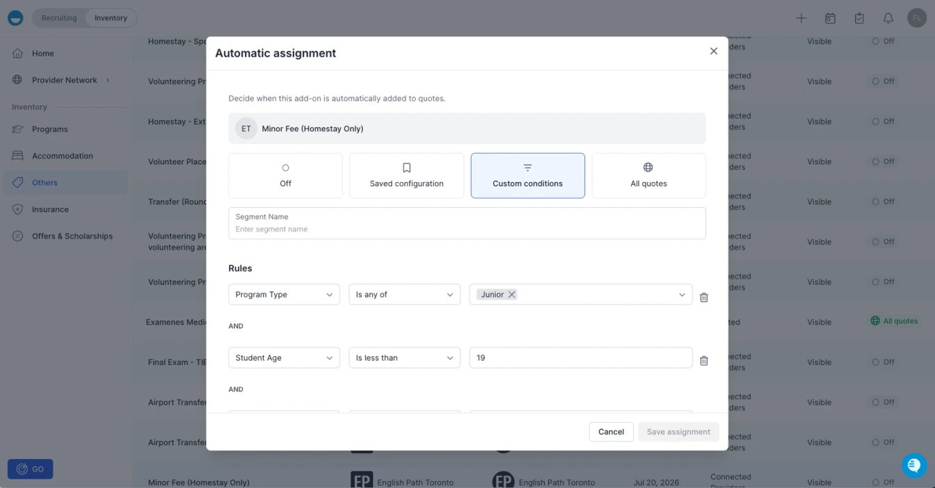 Automatic assignment rules in Edvisor: add-on assigned to quotes when Program Type is Junior and Student Age is less than 19