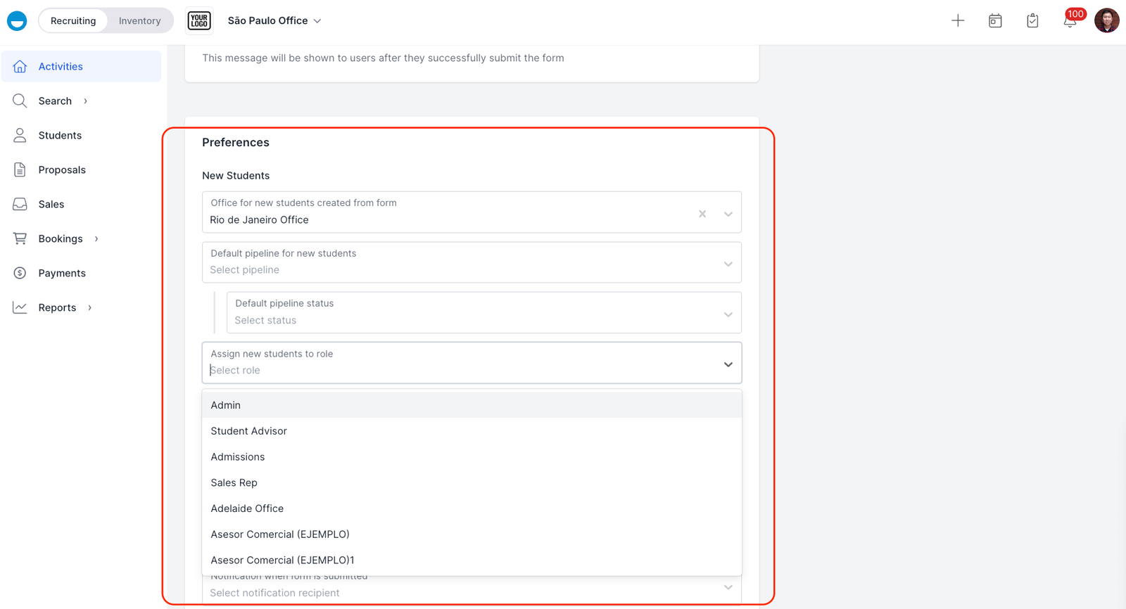 Form Settings in Edvisor: the Preferences panel with the new Assign new students to role dropdown open