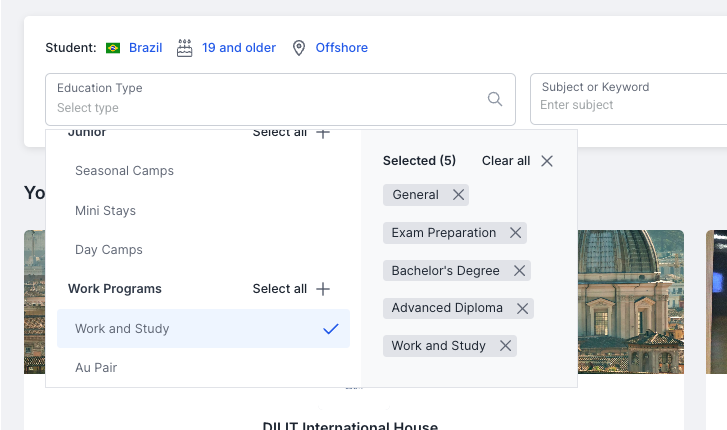 Edvisor search with five education types selected at once: General, Exam Preparation, Bachelor's Degree, Advanced Diploma and Work and Study