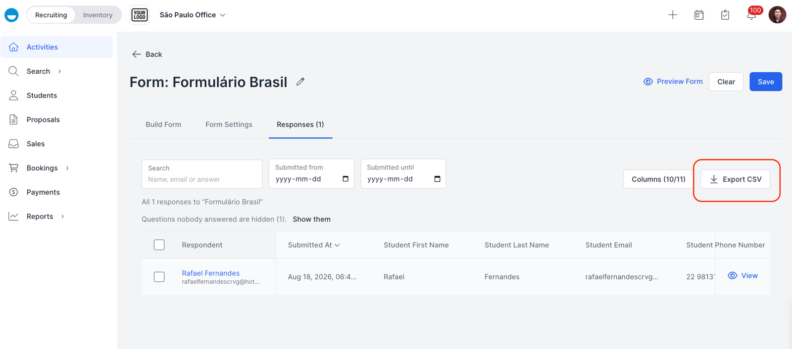 The Responses tab of a form in Edvisor: search, date filters, column picker and the new Export CSV button