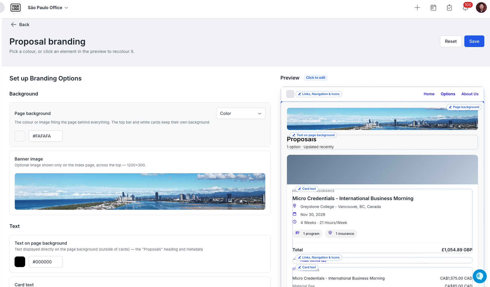 The Proposal branding screen in Edvisor: set the page background, banner image and text colours, with a live preview of the student-facing proposal beside it