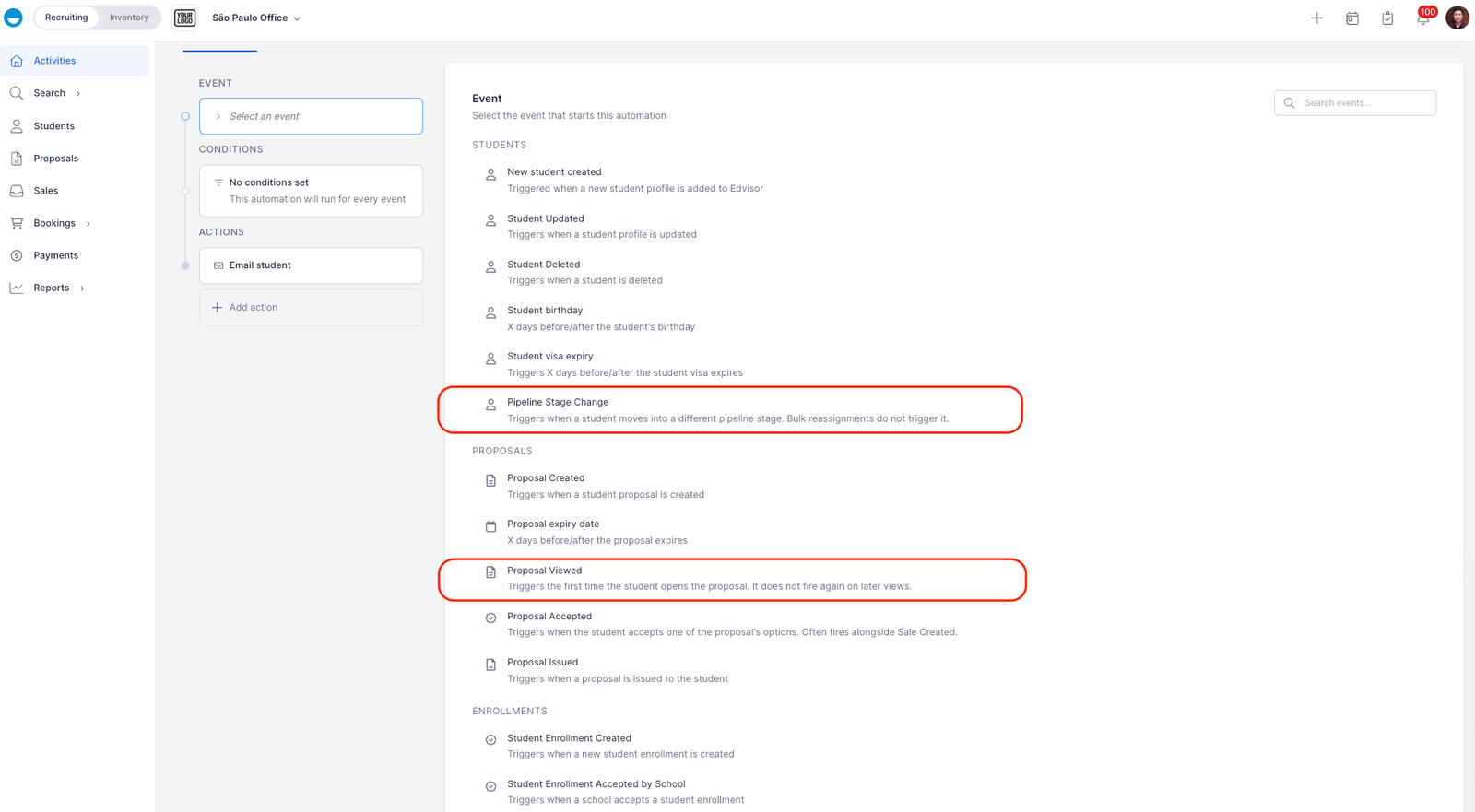 The automation event picker in Edvisor with the two new events highlighted: Pipeline Stage Change and Proposal Viewed