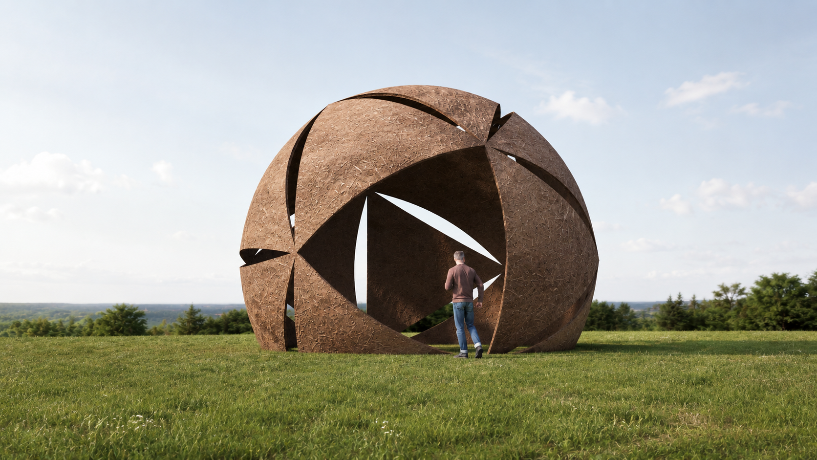 A person approaches a large spherical pavilion composed of curved, overlapping brown panels in an open grassy field.