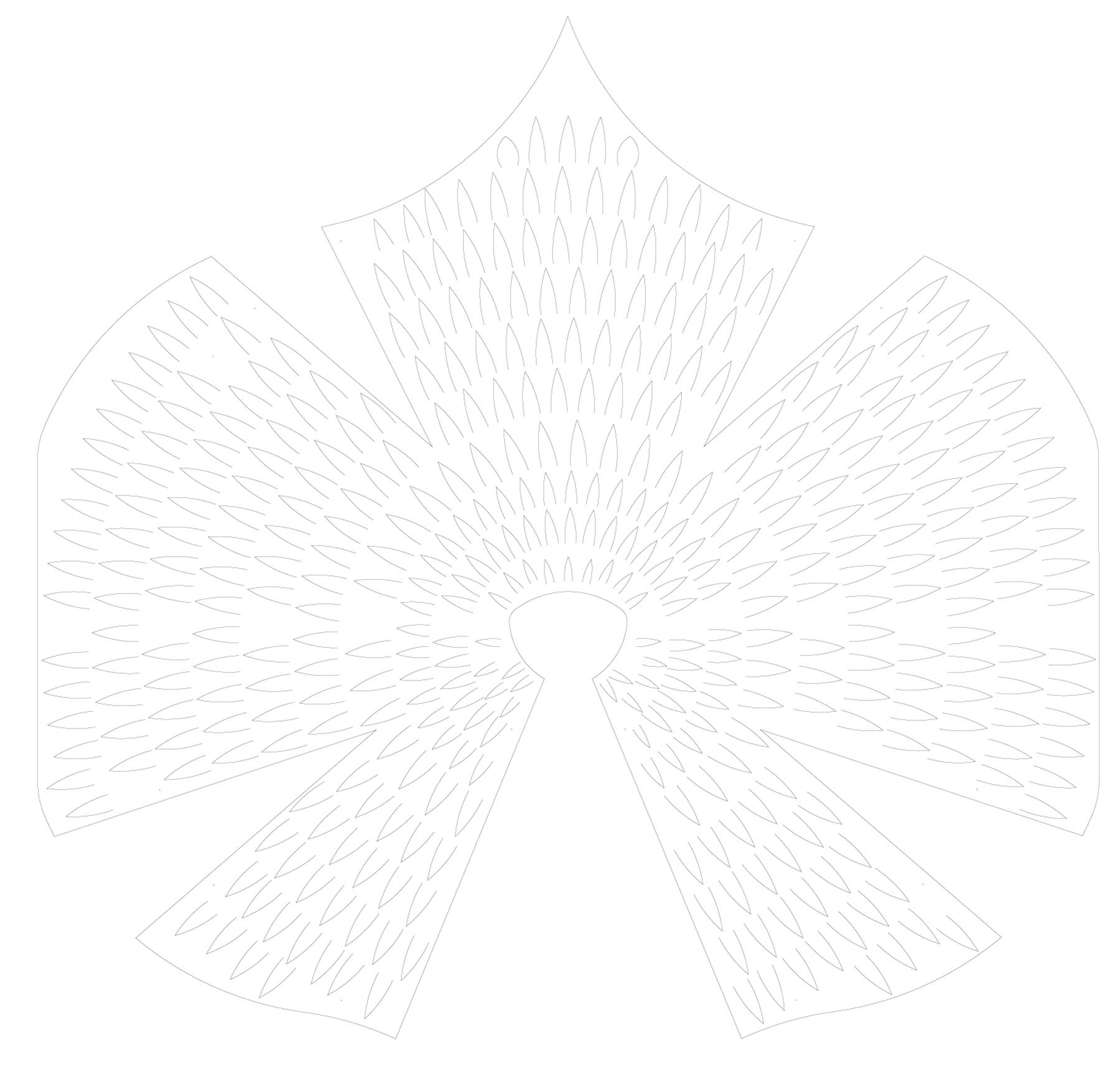 Cutting template for a wing-like garment, with radiating panels filled with repeating feather-shaped cutouts.