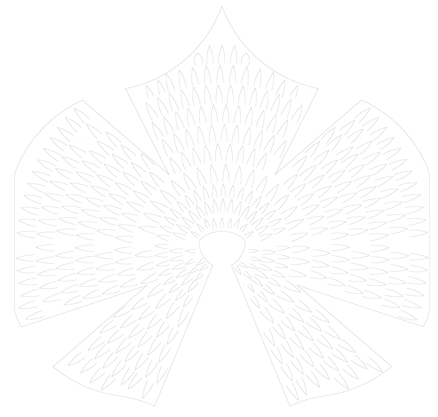 Cutting template for a wing-like garment, with radiating panels filled with repeating feather-shaped cutouts.