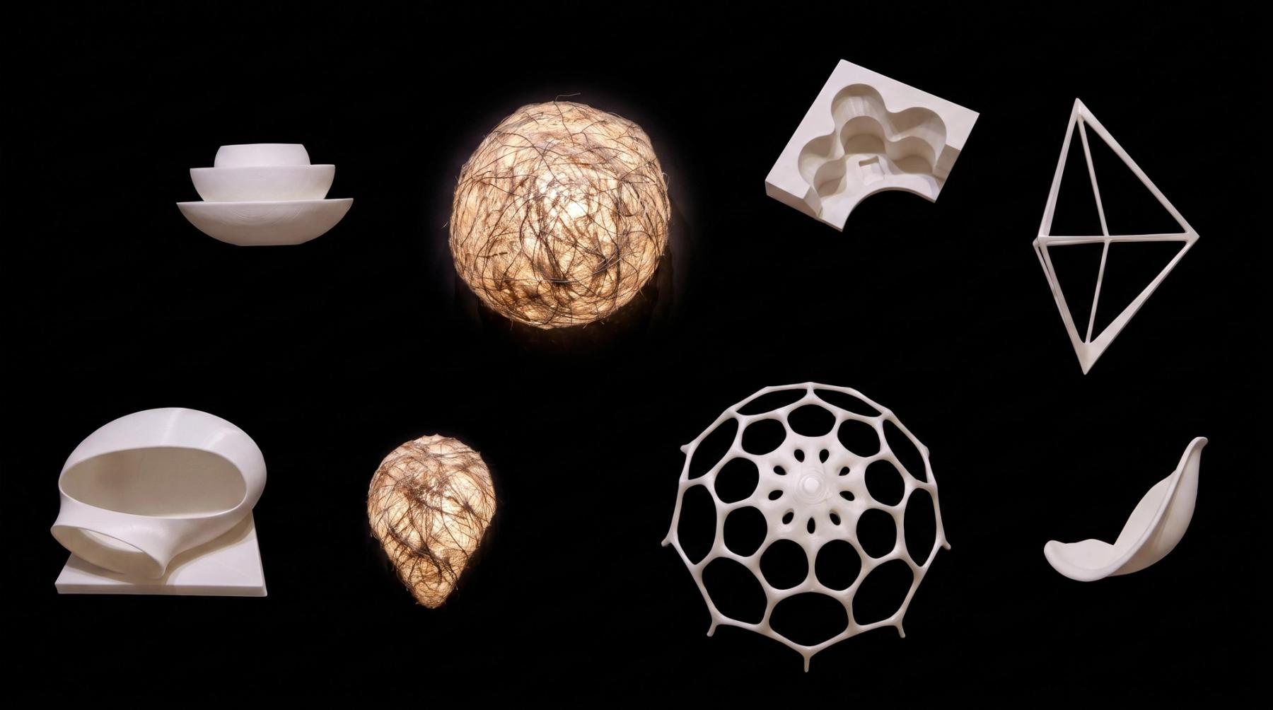 A collection of experimental sculptural forms, including illuminated fiber spheres and white geometric, organic, and lattice-like structures, displayed against a black background.