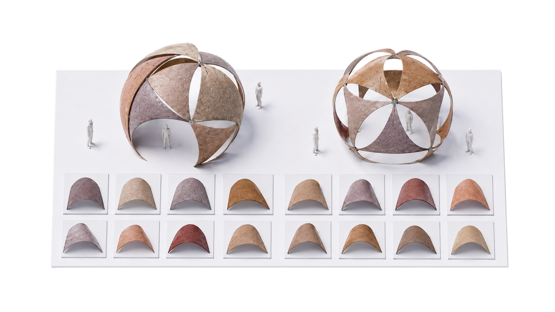 Architectural renderings of two spherical pavilions made from curved, earth-toned panels, shown above a grid of material samples in varied natural colors.