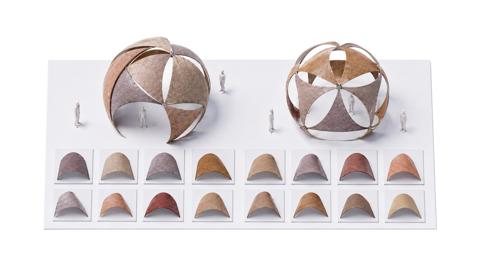 Architectural renderings of two spherical pavilions made from curved, earth-toned panels, shown above a grid of material samples in varied natural colors.