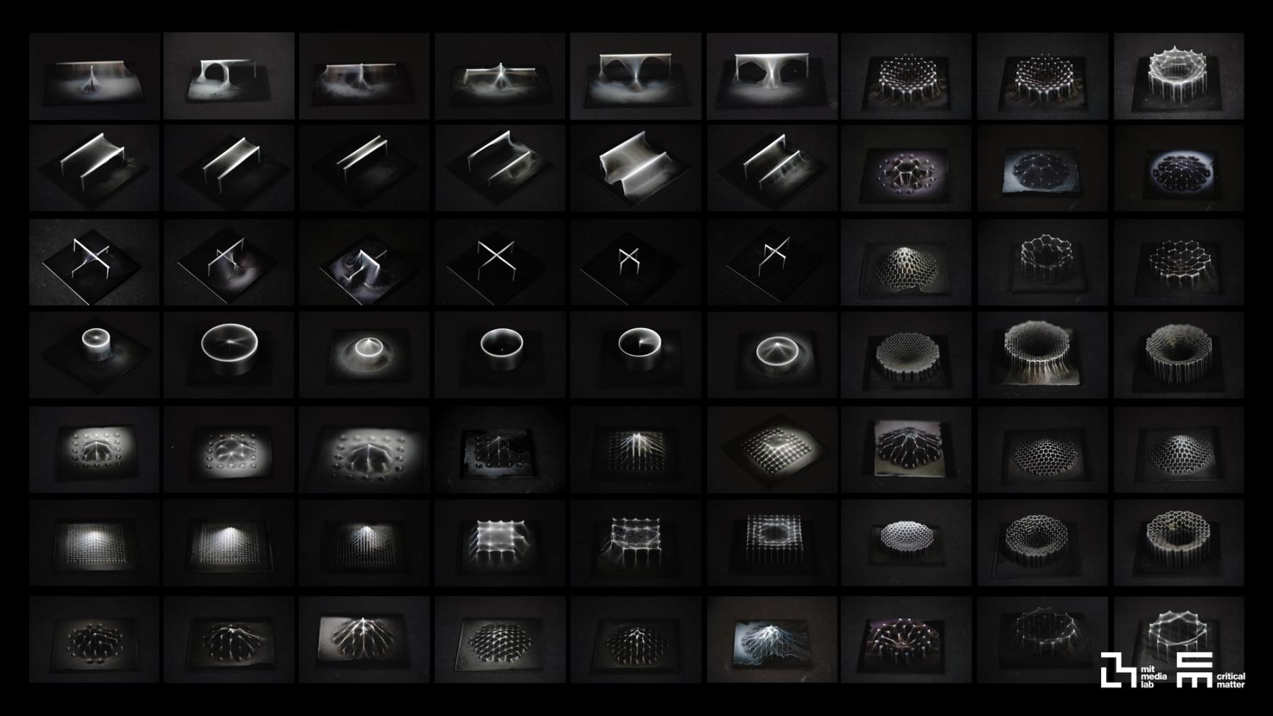 Grid of experimental material studies showing dozens of small illuminated fiber structures in varied geometric, porous, and organic forms.