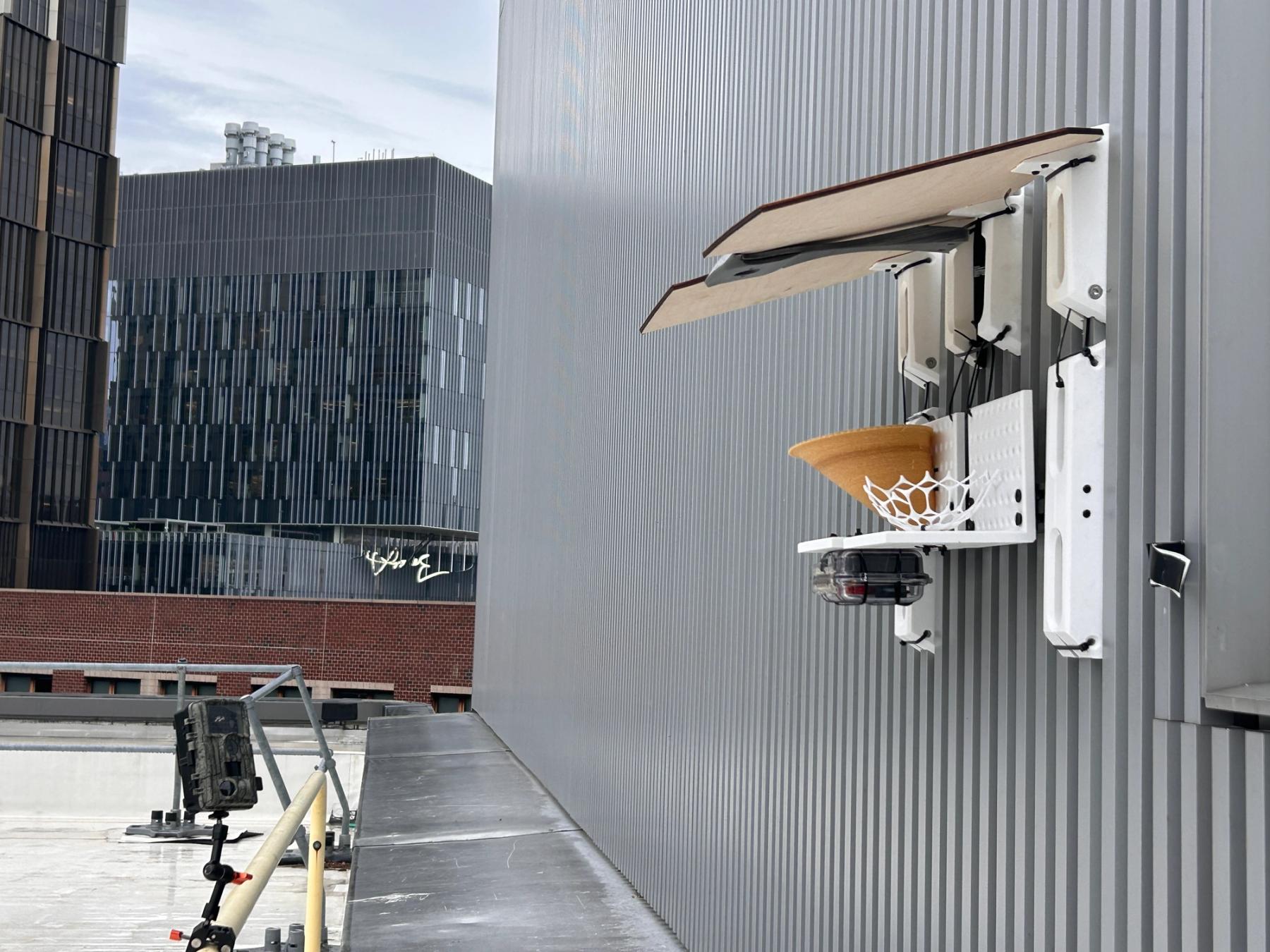 Experimental bird-nesting structures with protective canopies and monitoring equipment mounted on the exterior of an urban building.