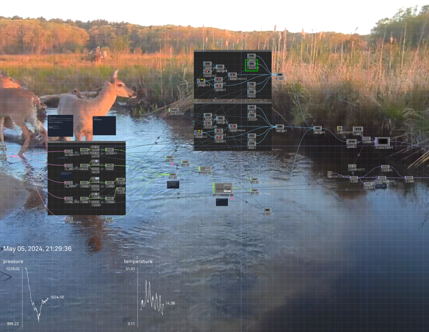 A digital interface of interconnected data and visualization nodes overlays footage of deer in a wetland, with graphs tracking environmental conditions including pressure and temperature.