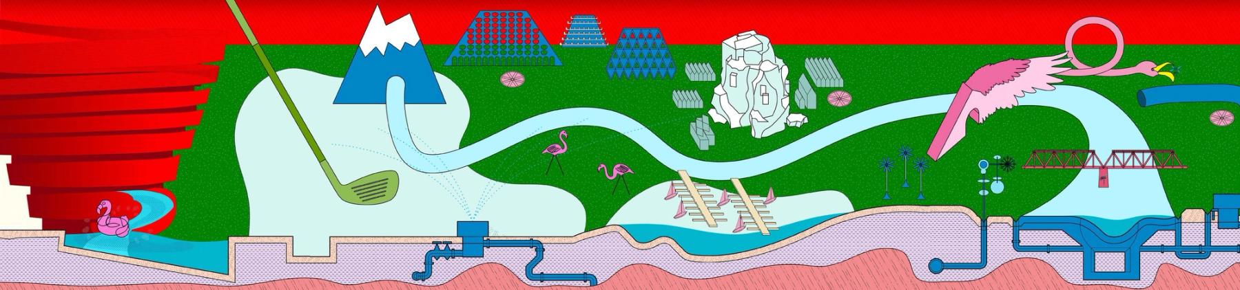 Colorful illustrated landscape showing a winding river connecting mountains, wetlands, flamingos, infrastructure, pipes, bridges, and abstract architectural forms above and below ground.