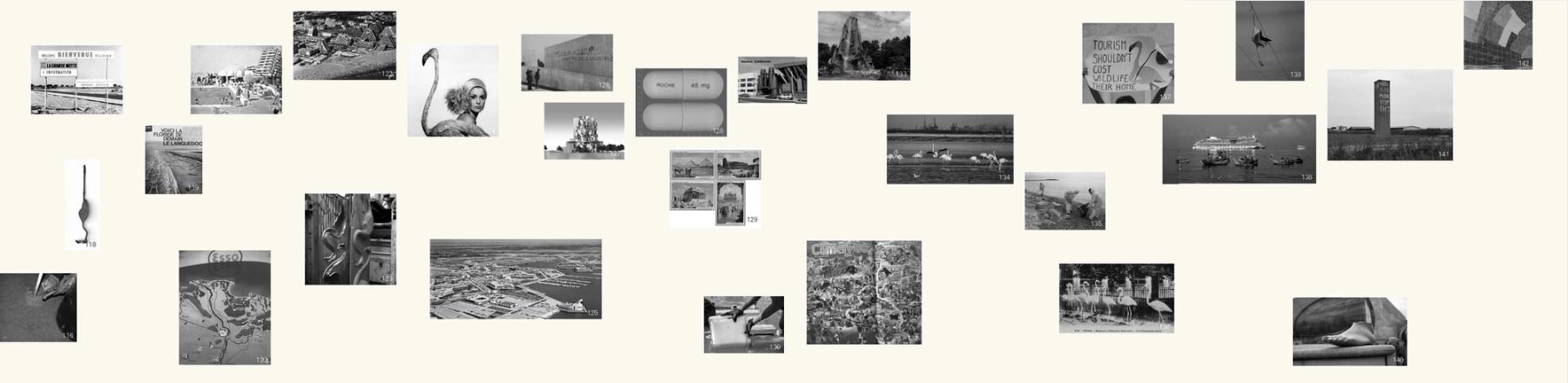 A wide collage of small archival black-and-white photographs, maps, advertisements, architectural images, landscapes, and objects arranged across a pale background.