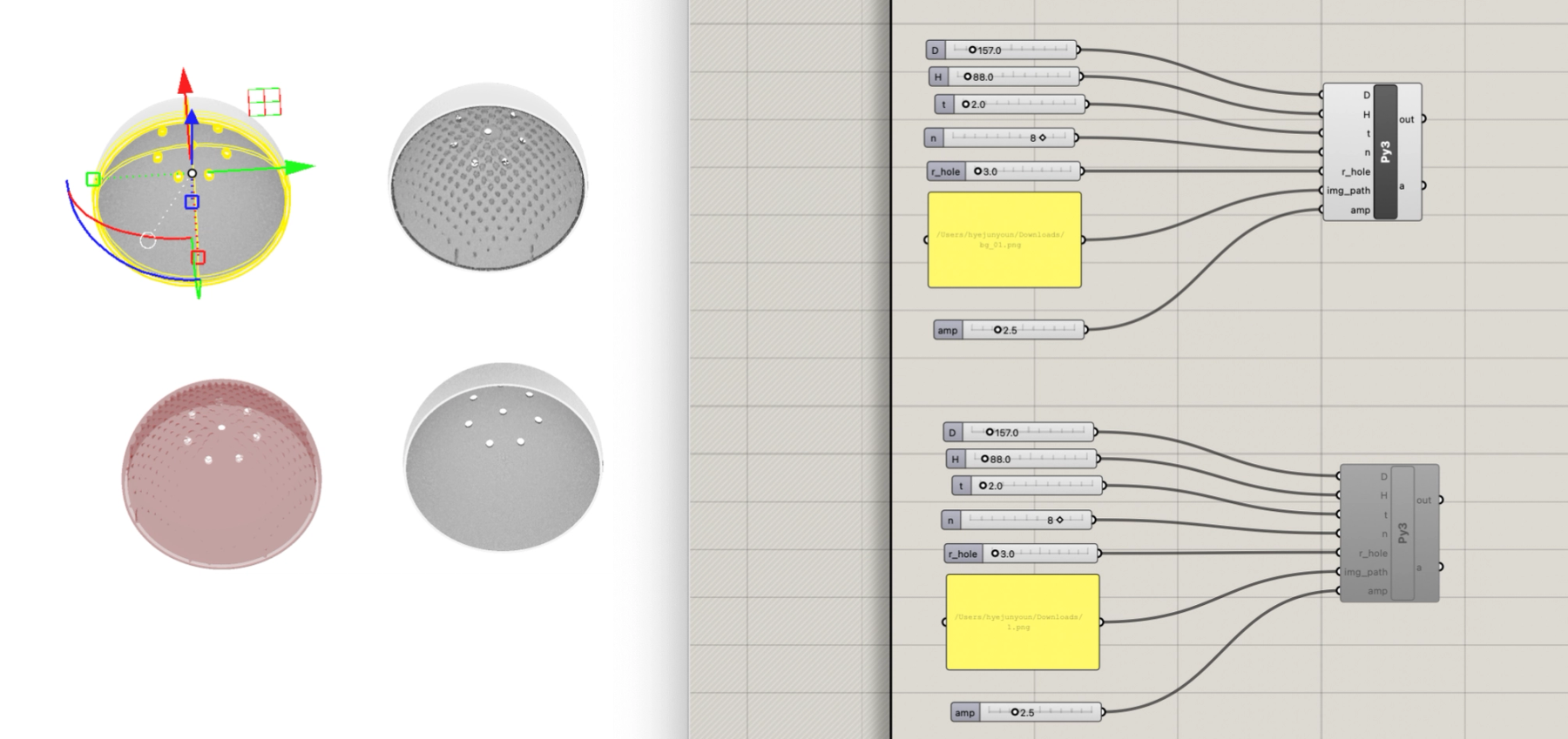 Digital design interface showing four variations of a perforated dome alongside a node-based parametric modeling workflow with adjustable controls.