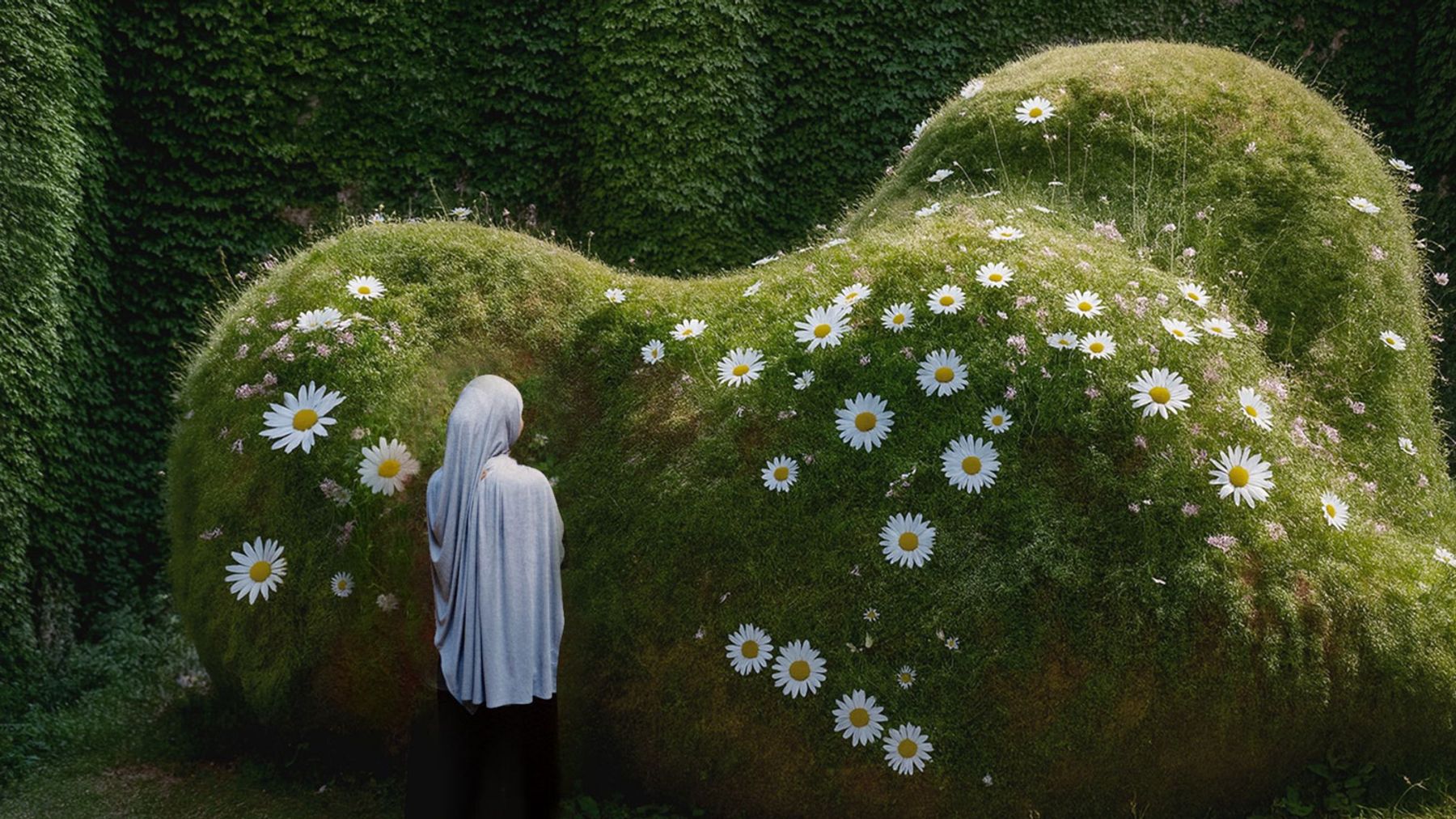 A person stands beside a large, undulating moss-covered structure dotted with white wildflowers, surrounded by dense green foliage.