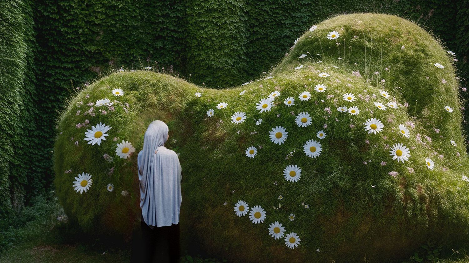 A person stands beside a large, undulating moss-covered structure dotted with white wildflowers, surrounded by dense green foliage.