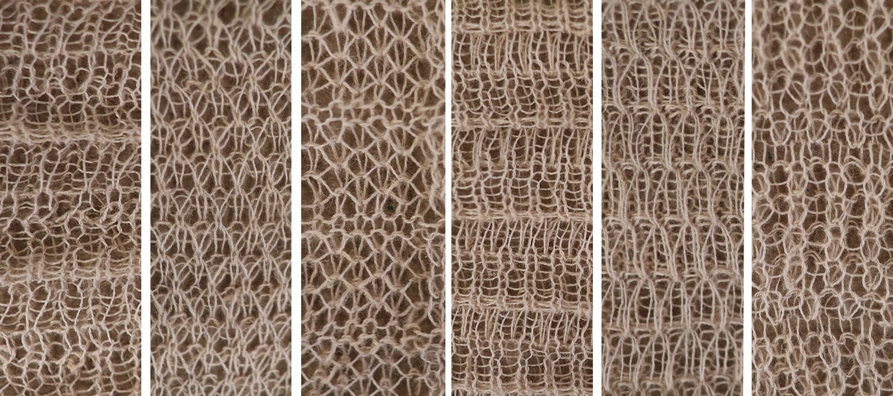Six close-up views of loosely knitted natural-fiber textiles, showing variations in stitch pattern, density, and texture.