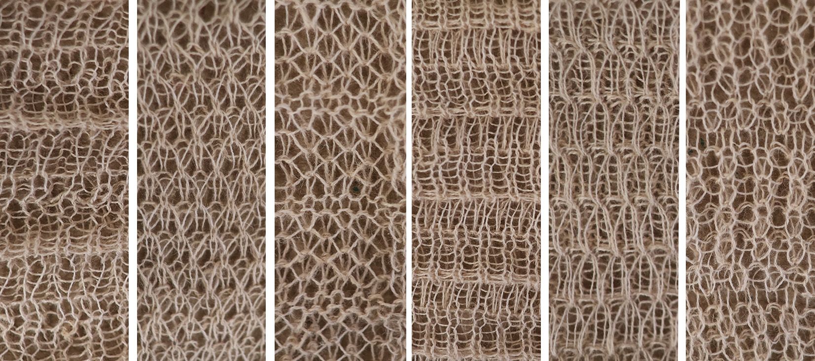 Six close-up views of loosely knitted natural-fiber textiles, showing variations in stitch pattern, density, and texture.