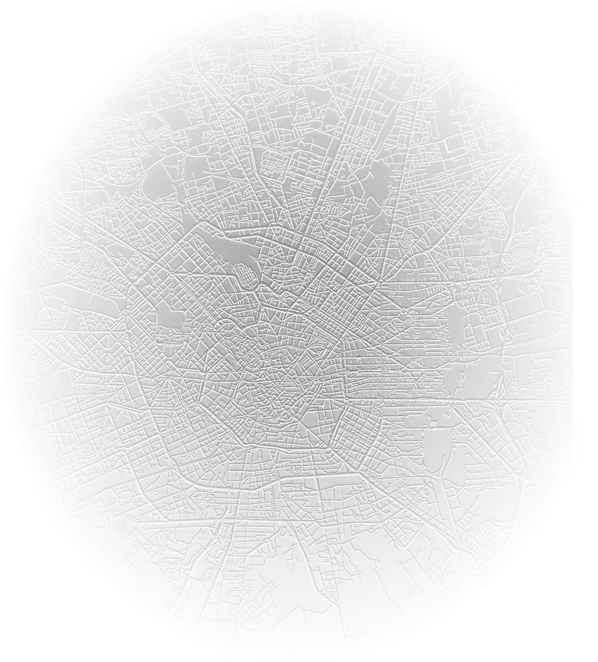 Reference embossed circular city map with streets and urban blocks.