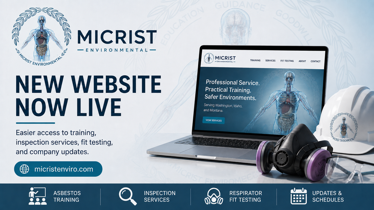 Promotional graphic announcing the launch of the new MICRIST Environmental website, featuring training, inspection services, respirator fit testing, and company updates.