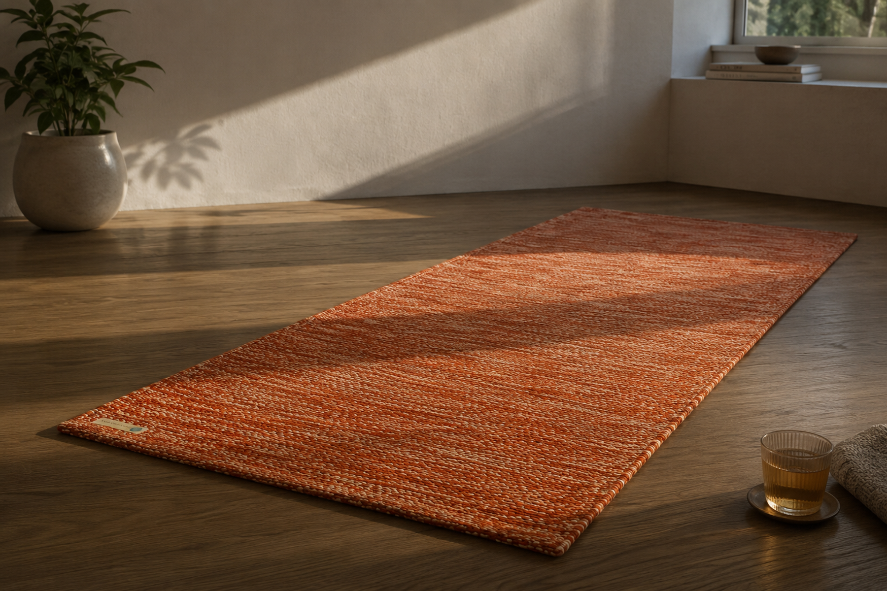 A cotton mat unrolled on a wooden floor in golden-hour light, long warm shadows.