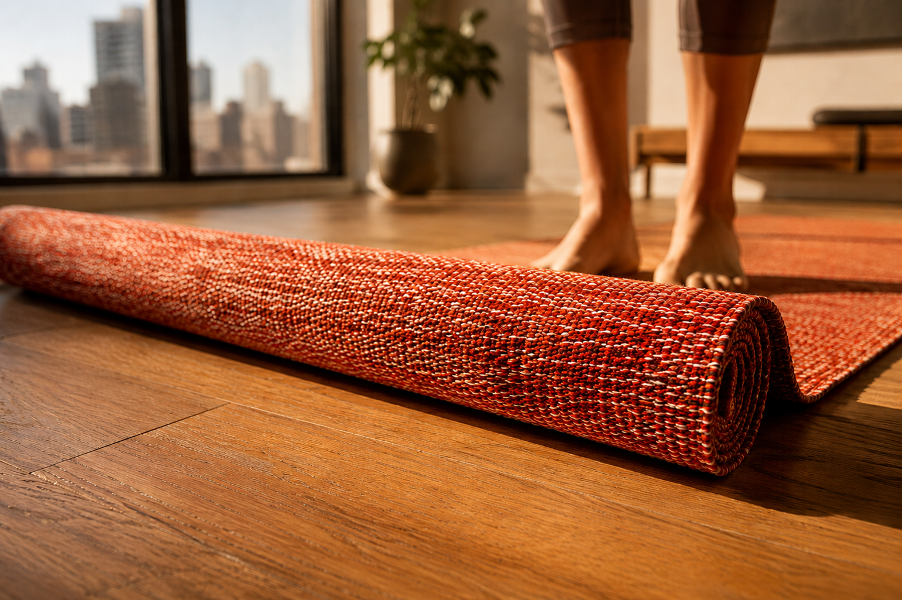 A cotton mat unrolled on a wooden floor in golden-hour light, long warm shadows.