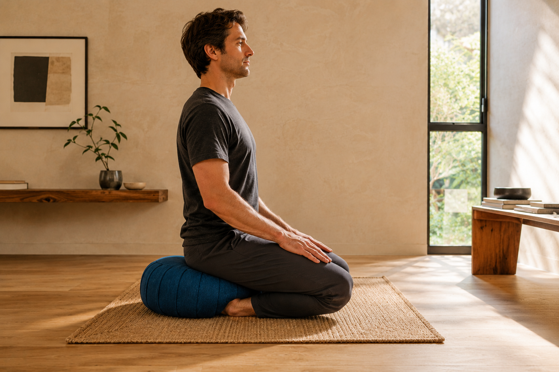 A seated figure on a round cushion, eyes closed, in soft daylight.