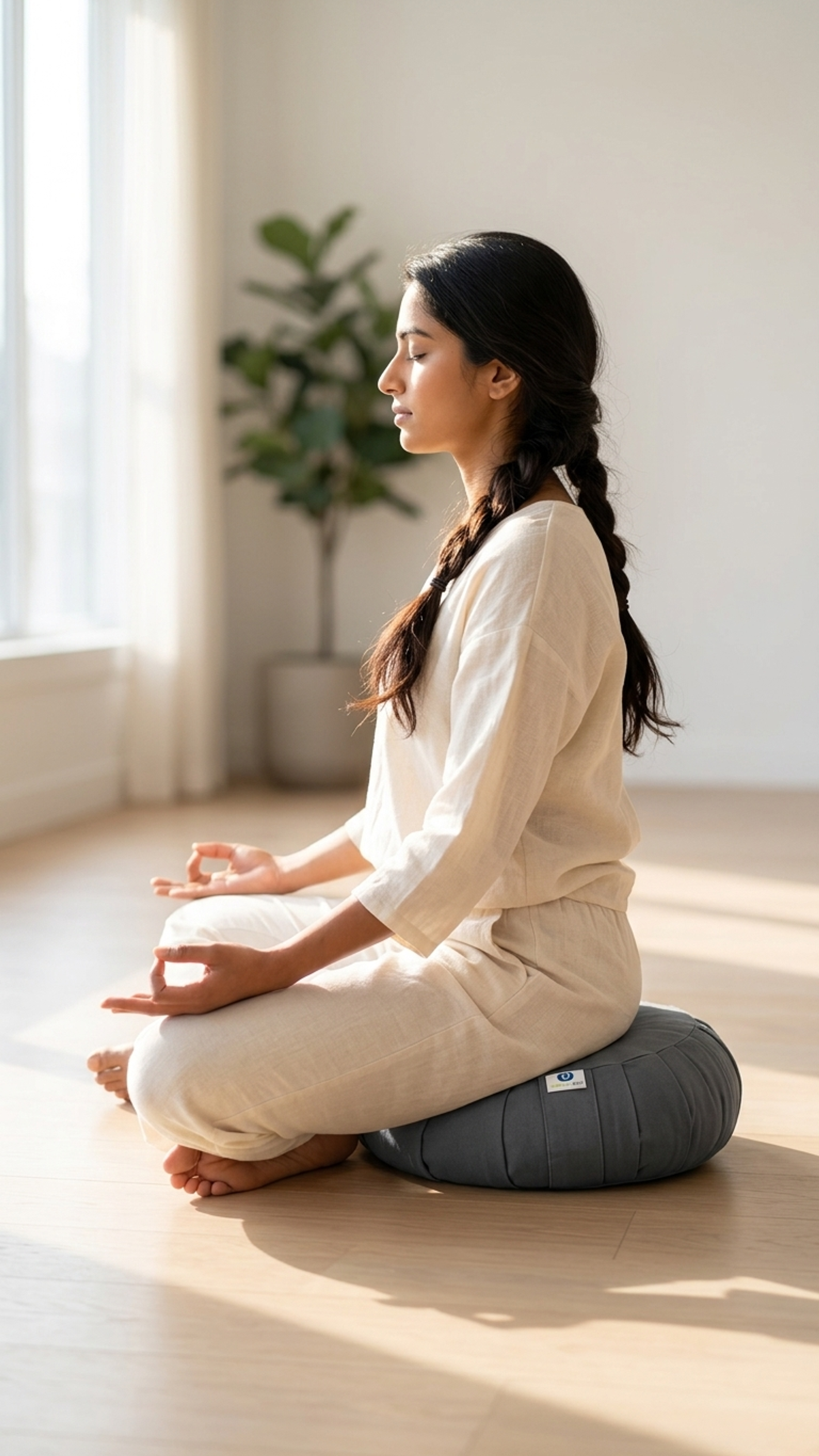 A seated figure on a round cushion, eyes closed, in soft daylight.
